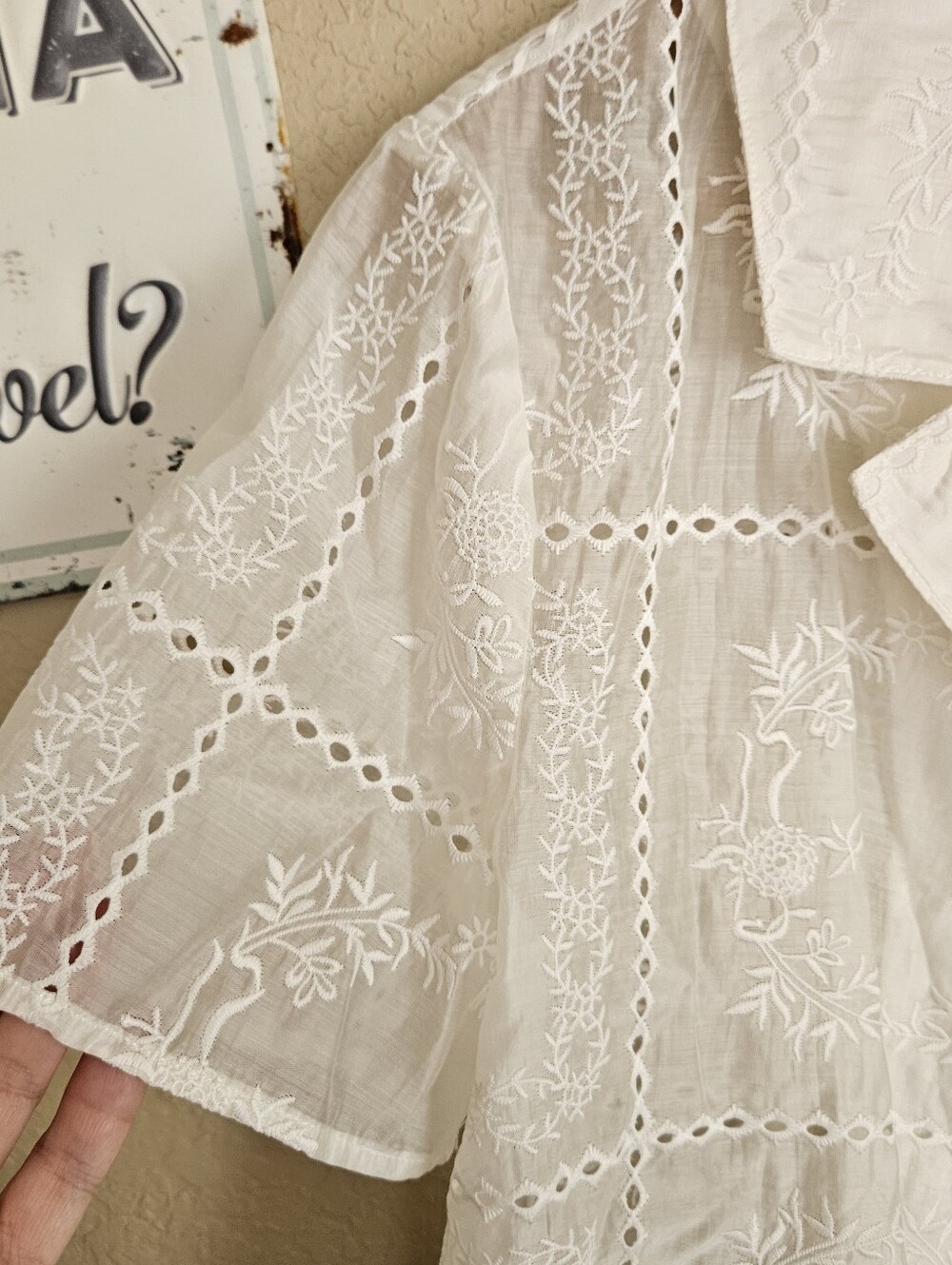 MABLE White Floral Eyelet Embroidered Crop Blouse Sheer Lace Shirt - Picture 5 of 8